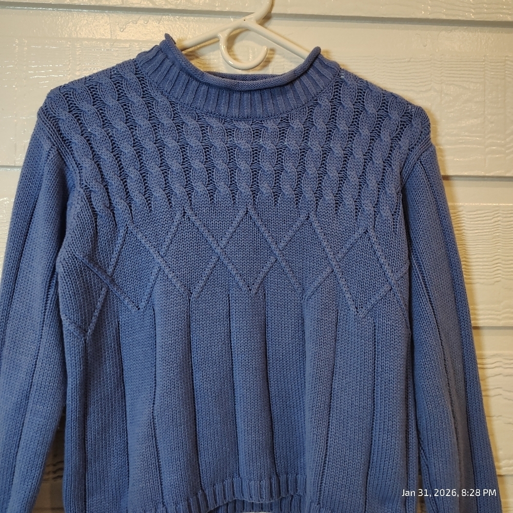 KAREN SCOTT PETITE MEDIUM CROPPED BLUE CABLE KNIT SWEATER‎ - Picture 2 of 8